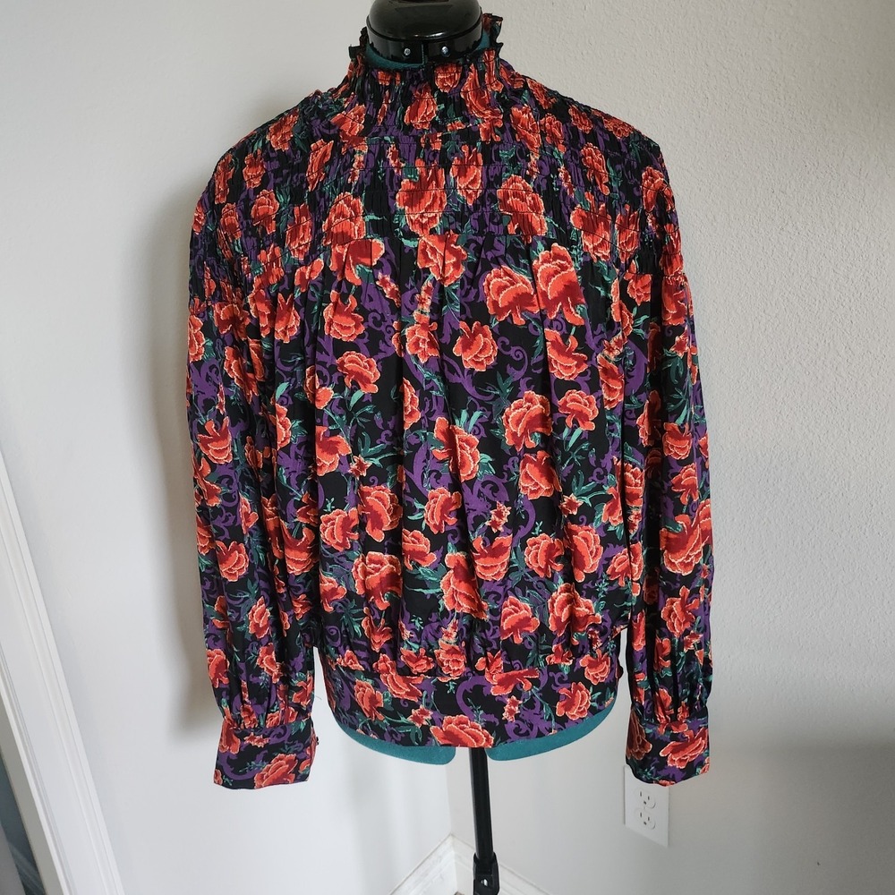 Calligraphie Anthropologie Womens Smocked Top Size XL Red Roses Cottagecore